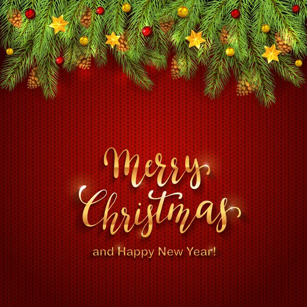 装饰与圣诞明星 球和冷杉树枝上红色针织图案 金色的文字圣诞快乐新年假期背景 — 图库矢量图片