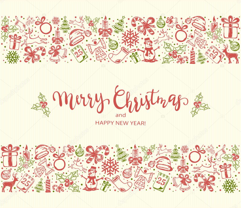 Merry Christmas and Happy New Year with decorative elements on a beige card. Holiday lettering with red and green decoration, illustration.