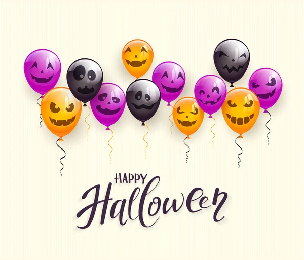 Lettering Happy Halloween Sfondo Beige Con Palloncini Spaventosi Illustrazione — Vettoriale Stock