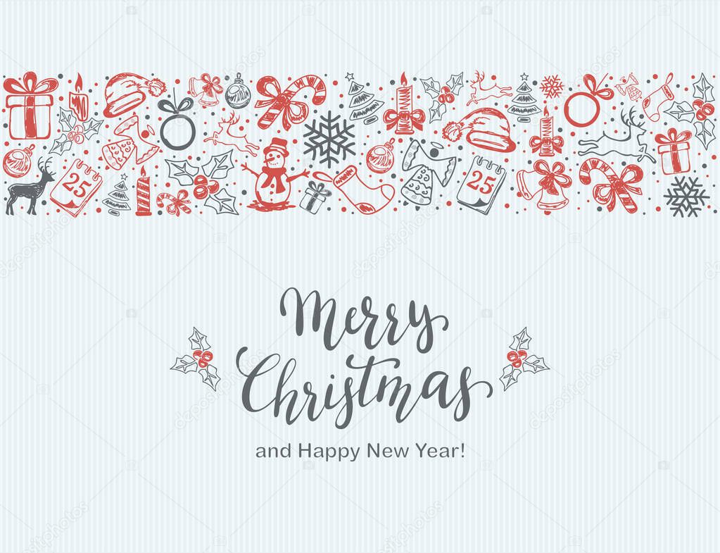 Merry Christmas with decorative red and gray elements on a blue background. Holiday card with lettering and decoration, illustration.