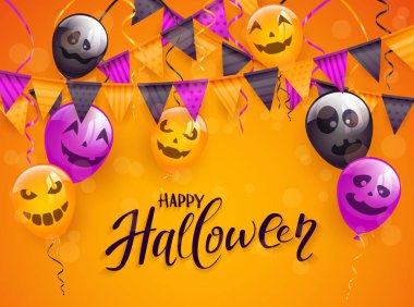 Cadılar Bayramın kutlu olsun korkunç balonlar, bayraklar ve flamalar, illüstrasyon turuncu zemin üzerine yazı.