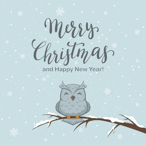 冬の背景図 雪枝のフクロウのメリー クリスマスをレタリング — ストックベクタ