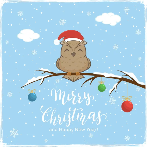 猫头鹰与圣诞老人的帽子在树枝上的雪和彩色圣诞球 字母圣诞快乐 新年在蓝色的冬天背景 — 图库矢量图片
