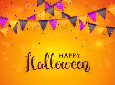 Cadılar Bayramın kutlu olsun flamalar ve konfeti, illüstrasyon turuncu zemin üzerine yazı.