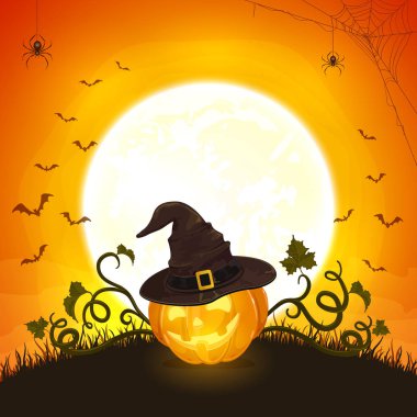 Jack O Lantern turuncu zemin üzerine ay. Kabak ile cadı şapka ve yarasalar, resimde gülümseyen.