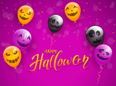 Cadılar Bayramın kutlu olsun korkunç balonlar ve konfeti, illüstrasyon mor zemin üzerine yazı.