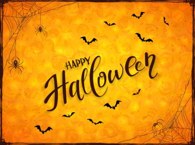 Siyah örümcek ağları ve yarasalar üzerinde turuncu Halloween arka plan desen kabak ile örümcekler. Cadılar Bayramın kutlu olsun yazı grunge dekorasyonu, illüstrasyon ile.