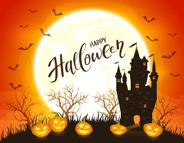 Lettering Happy Halloween with dark castle and pumpkins. Full moon on orange night background, illustration.
