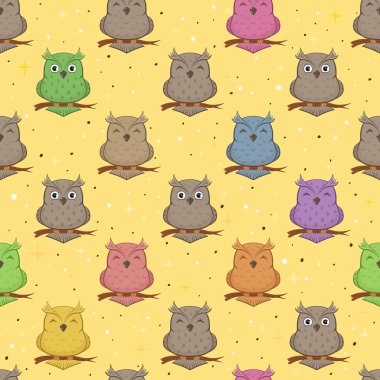 Sarı arka planda, illüstrasyon renkli baykuş ile sorunsuz arka plan.