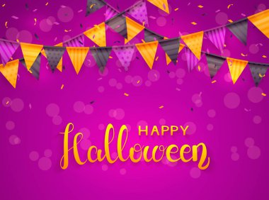 Cadılar Bayramın kutlu olsun flamalar ve konfeti, illüstrasyon mor zemin üzerine yazı.