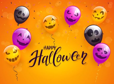 Cadılar Bayramın kutlu olsun korkunç balonlar ve konfeti, illüstrasyon turuncu zemin üzerine yazı.