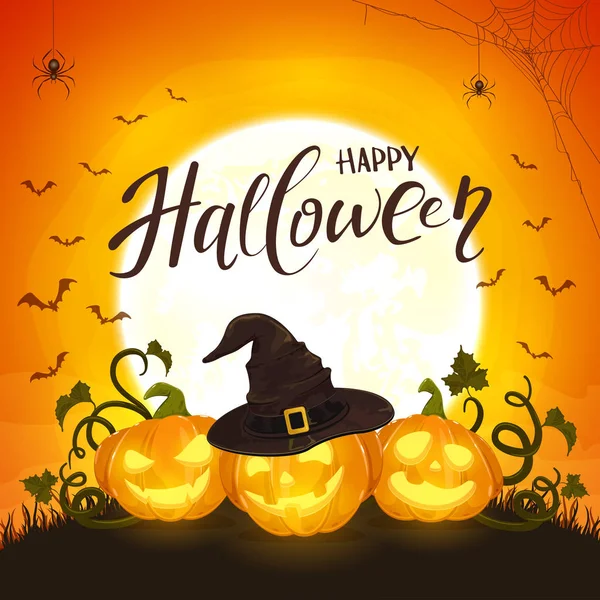 Halloween Background Moon Orange Sky Jack Lantern Smiling Pumpkins Hat — Stock Vector