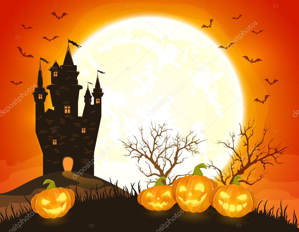 Halloween night with dark castle, happy pumpkins and Moon with bats on orange background, illustration.