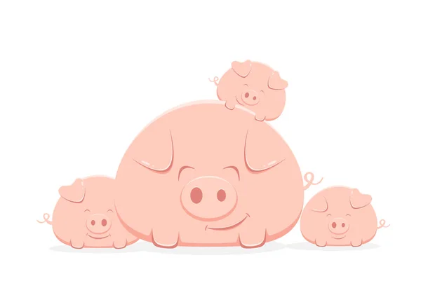 Family Happy Pink Pigs Isolated White Background Illustration — Stock Vector