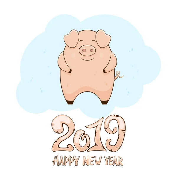 Petit Cochon Lettrage 2019 Bonne Année Sur Fond Blanc Illustration — Image vectorielle