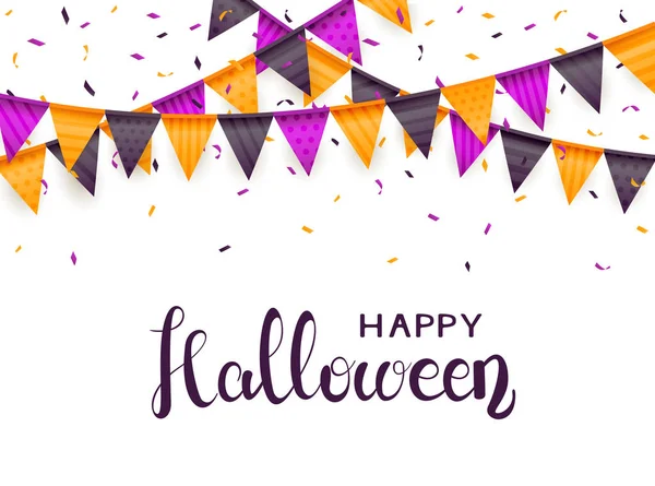 Lettering Feliz Halloween Sobre Fondo Blanco Con Banderines Confeti Ilustración — Vector de stock