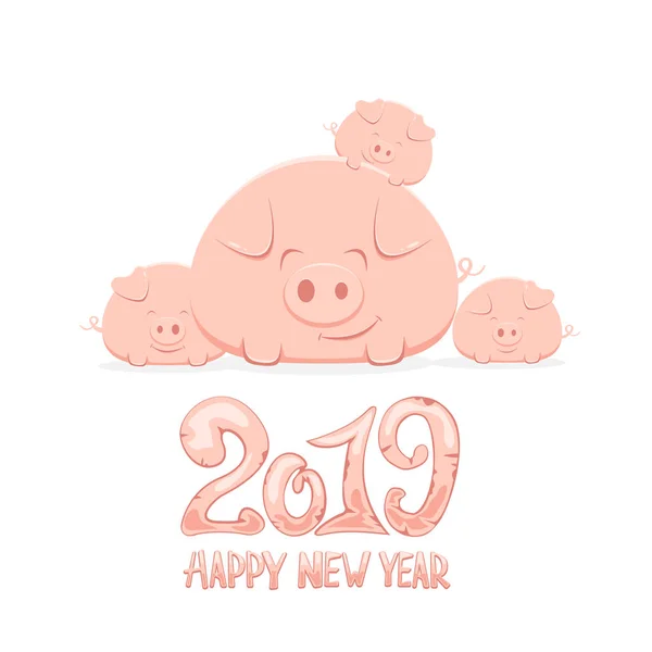Rodina Šťastný Růžová Prasata Nápisy 2019 Šťastný Nový Rok Izolovaných — Stockový vektor