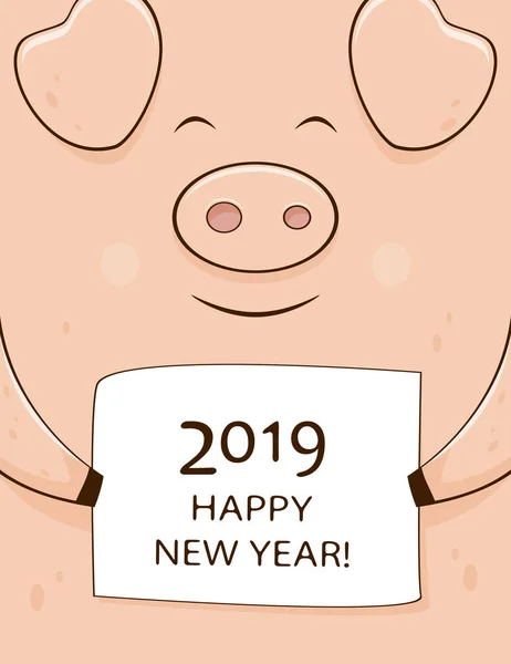 Pink Smiling Pig Holding Card Lettering Happy New Year 2019 — Stock Vector