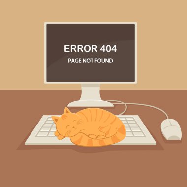 Sevimli kırmızı kedi klavye üzerinde uyuyor. Hata 404 ve sayfa bulunamadı monitörde, örnek yazı.