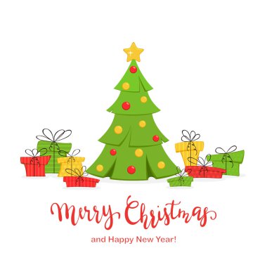 Tatil kartı. Beyaz zemin üzerine kırmızı harflerle neşeli Noel ve mutlu yeni yıl, illüstrasyon izole renkli hediyeler Noel ağacı süslenmiş.