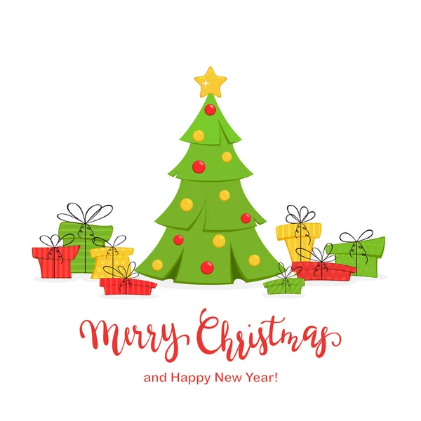 假日卡 装饰圣诞树与五颜六色的礼物查出在白色背景与红色字母圣诞快乐和新年快乐 — 图库矢量图片