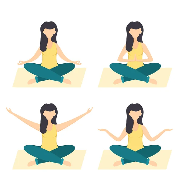 Conjunto Mujer Dibujos Animados Diferentes Poses Yoga Ilustración — Vector de stock