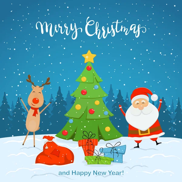 Mikulás Aranyos Szarvas Díszített Karácsonyfa Bemutatja Kék Havas Háttér Betűkkel — Stock Vector