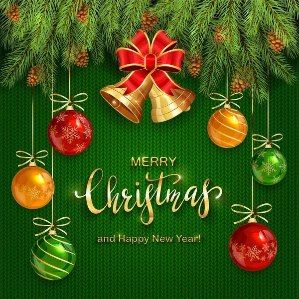 Grün Gestrickt Hintergrund Und Weihnachtskugeln Mit Glocke Goldener Schriftzug Frohe — Stockvektor