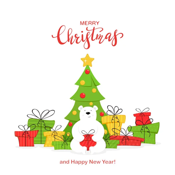 Cartão Natal Árvore Natal Decorada Com Urso Polar Presentes Coloridos — Vetor de Stock