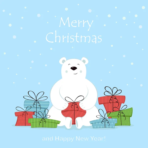 Urlaubskarte Eisbär Und Bunte Geschenke Isoliert Auf Weißem Hintergrund Roter — Stockvektor