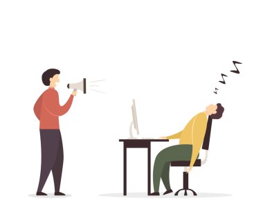 Adam bir megafon adlı bir işçi işyerinde bilgisayar uykuda bağırır. Düz illüstrasyon izole beyaz arka plan üzerinde.