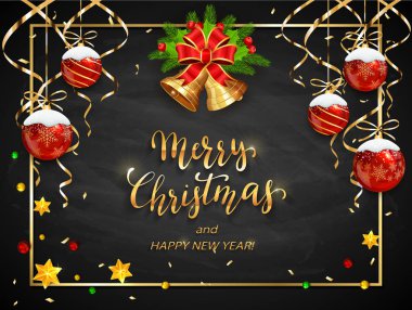 Tatil dekorasyon siyah kara tahta arka plan ile Noel kartı. Yıldız, altın çan holly Karpuzu, Noel topları ve flamalar. Mutlu Noeller ve mutlu yeni yıl, örnek yazı.