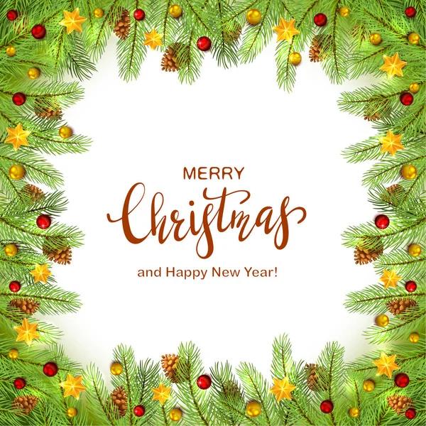 假日装饰与圣诞节星 球和冷杉树枝在白色背景 红色字母圣诞快乐 新年快乐 — 图库矢量图片