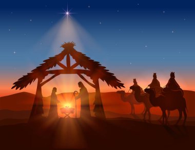 Christian Christmas arka plan. Yıldız ve üç Akil adam, illüstrasyon parlayan İsa'nın doğumu.