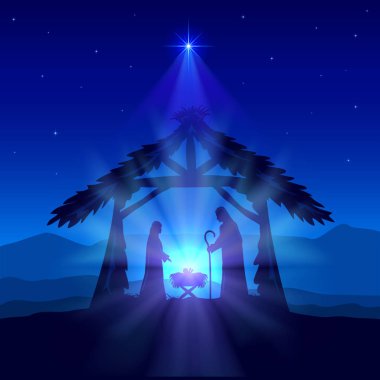 Tatil tema. Noel yıldızı ve Doğum İsa, illüstrasyon mavi Hıristiyan arka plan.