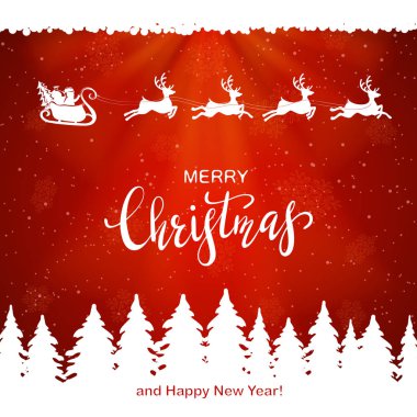 Reindeers ile Santa Noel ağaçları üzerinde kırmızı karlı zemin ve neşeli Noel ve mutlu yeni yıl, illüstrasyon yazı uçar.