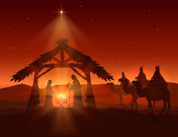 キリスト教のクリスマス背景 夜背景 イラストに輝く星と東方の三博士 イエスキ リストの誕生 — ストックベクタ