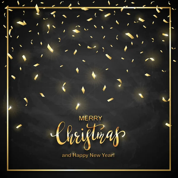 黒い黒板背景 イラストに金色の紙吹雪でメリー クリスマスと幸せな新年をレタリング ゴールド — ストックベクタ