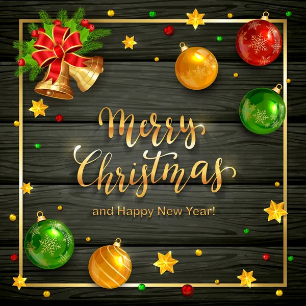 Lettere Oro Buon Natale Felice Anno Nuovo Con Decorazioni Natalizie — Vettoriale Stock