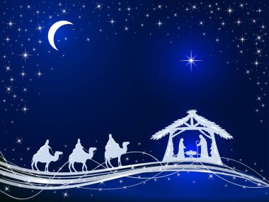 Christian Noel Tema. Yıldız ve üç Akil adam mavi arka plan, illüstrasyon parlayan İsa'nın doğumu.