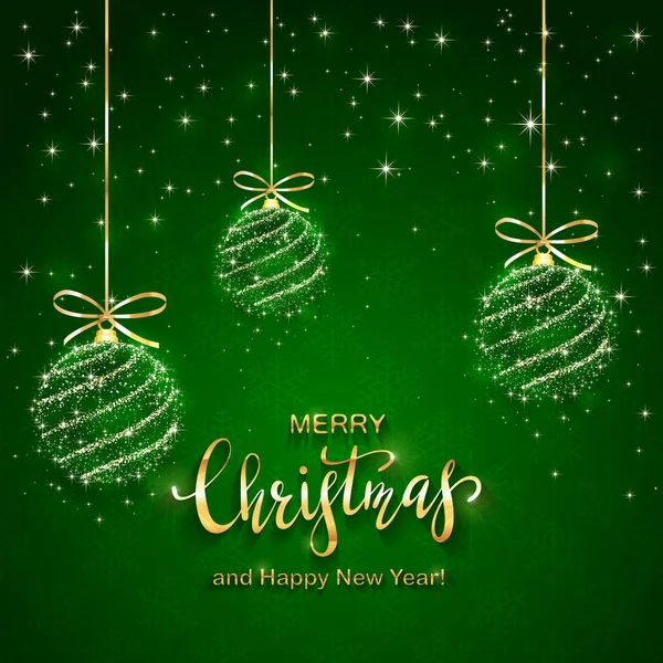 绿色背景与雪花和闪亮的圣诞球 金色的字母快乐圣诞快乐 新年快乐 — 图库矢量图片