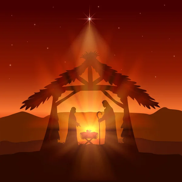 Θέμα Των Διακοπών Κόκκινο Φόντο Χριστιανική Χριστουγεννιάτικο Αστέρι Και Γέννηση — Διανυσματικό Αρχείο