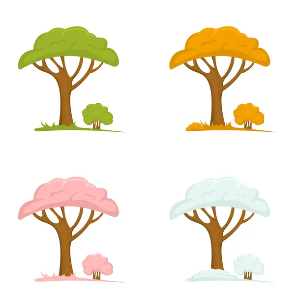 Set Copaci Cele Patru Anotimpuri Izolate Fundal Alb Ilustrație — Vector de stoc