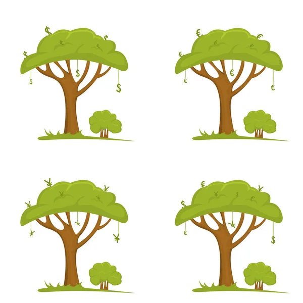 Зелене Дерево Грошовими Знаками Долари Євро Десятки Зростають Дереві Ізольовані — стоковий вектор