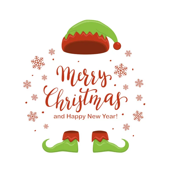 绿色帽子和鞋子小精灵查出在白色背景 假日服装和字母圣诞快乐 新年快乐与雪花和圆点 — 图库矢量图片