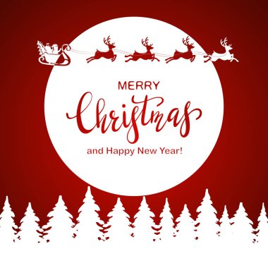 Mutlu Noeller ve mutlu yeni yıl yazı ile moon. Reindeers ile Santa Noel ağaçları üzerinde kırmızı bir arka plan üzerinde illüstrasyon uçar..