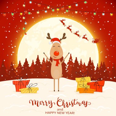 Renkli Noel ışıkları ve hediyeler ile mutlu bir Ren geyiği. Metin mutlu Noeller ve mutlu yeni yıl düşen kar, illüstrasyon kırmızı kış zemin üzerine.