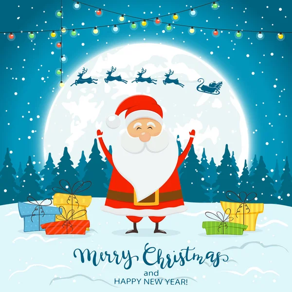 Feliz Santa Claus Con Coloridas Luces Navidad Regalos Nieve Ciervo — Vector de stock