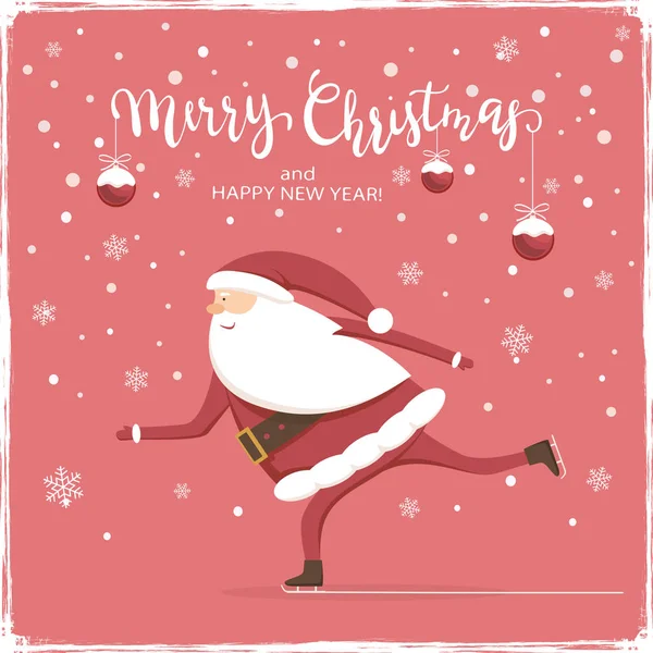 Christmas Balls and Santa is Skating on Red Background — Stock Vector