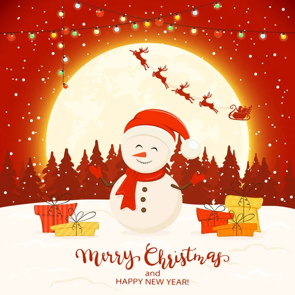 カラフルなクリスマス ライトとギフトの雪の上で幸せな雪だるま サンタとトナカイとテキスト メリー クリスマスと幸せな新年赤冬の背景 イラストに — ストックベクタ